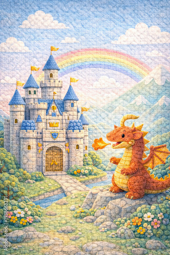 Cute Fantasy Dragon and Fairy Tale Castle with Rainbow