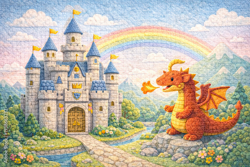 cute cartoon dragon and fairy tale castle with rainbow