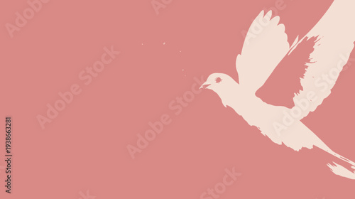 A dove silhouette in flight against a solid background of muted rose hue