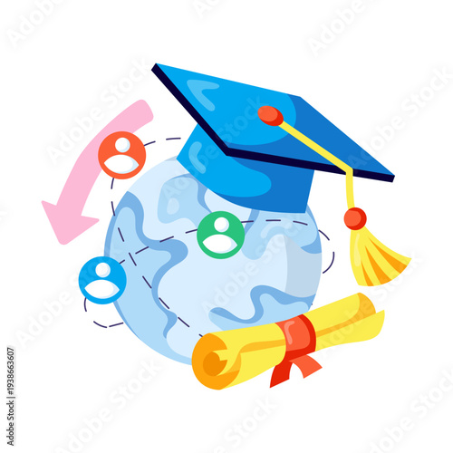 Globe with mortarboard, flat design of global graduation 