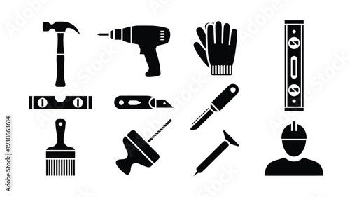 A set of black construction tools and equipment icons on a white background, including a hammer, drill, level, and worker, perfect for use in graphic design projects, presentations, and websites.