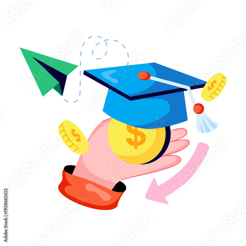 Mortarboard with dollar coin, illustration of graduation scholarship