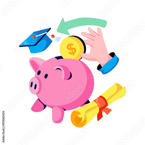 Piggybank with dollar, flat design of educational grant