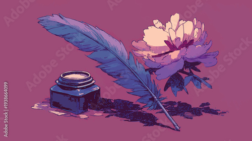 Pixelated illustration of a peony, inkwell, and feather. Purple and pink tones. Artistic, creative