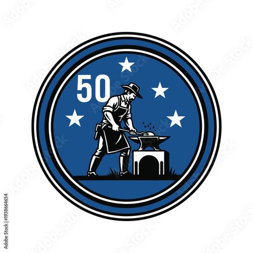 Blacksmith working at an anvil under starry night sky with 50 years experience emblem
