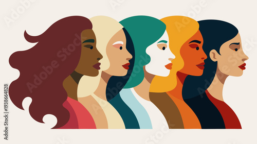 Diverse group of six women in profile with different skin tones and hair colors vector illustration