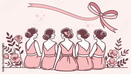 Five bridesmaids in pink dresses with floral elements and ribbon bow vector