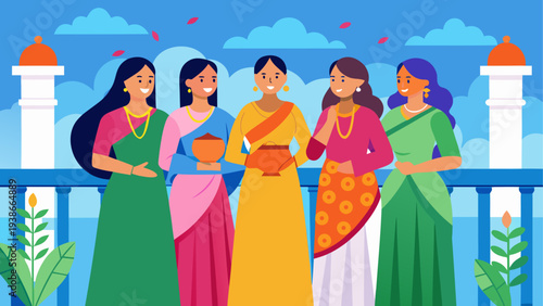 Five Indian women in traditional saris celebrating a festival vector