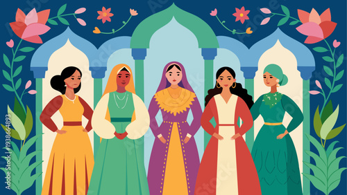 Diverse group of five women in traditional Middle Eastern clothing vector illustration