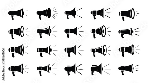 A set of black megaphone icons on a white background, representing communication, announcement, and loudspeaker concepts, ideal for advertising and marketing materials.