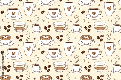 Hand-drawn coffee seamless pattern with various cups and coffee beans in warm cozy café style in warm neutral tones