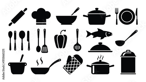 A clean vector illustration featuring a collection of black kitchen utensils and cooking tools on a white background, perfect for culinary themes and cooking concepts.
