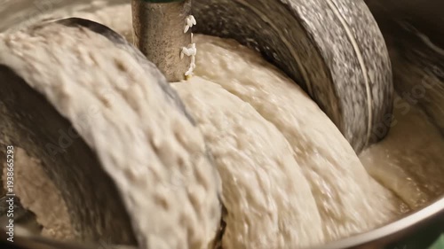 Traditional Stone Grinder Processing Rice and Lentils into Batter with Water Creating Creamy Texture Close up in Natural Daylight
