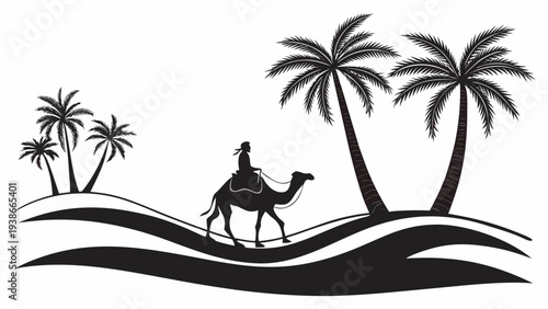 Man riding camel through desert landscape with palm trees