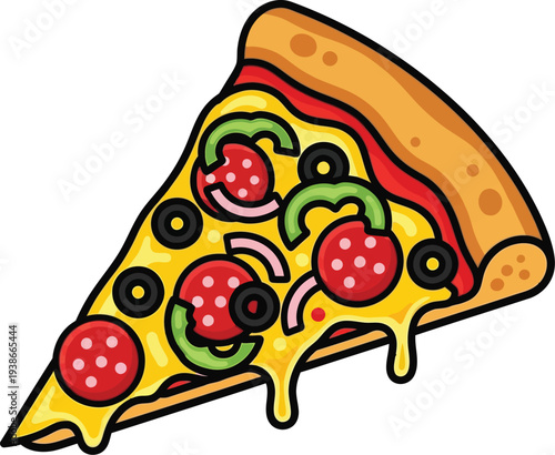 Delicious slice of pepperoni pizza drips with melted cheese on the crust.