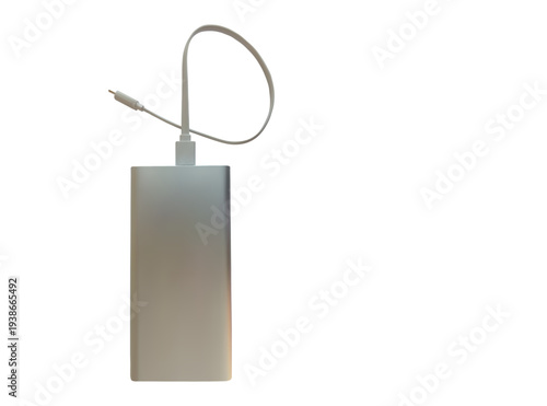 a silver power bank and a white plug are connected with copy space for text. vector illustration using gradient mesh technique.