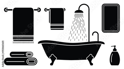 A clean and simple black and white vector illustration of bathroom essentials, including a bathtub with shower, towels, and soap bottle.