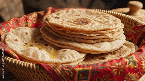 Warm Golden Flatbreads Stacked in a Woven Basket Lined with a Red and Green Patterned Cloth Soft Natural Lighting Enhances the Textured Surface of the Baked Goods Ideal for Culinary Themes
