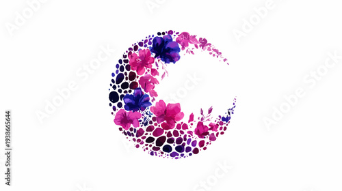 A floral crescent made of vibrant pink and purple blossoms, set against a pristine white backdrop