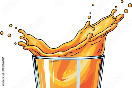 Vibrant orange juice splashes dynamically upward from the rim of a clear.