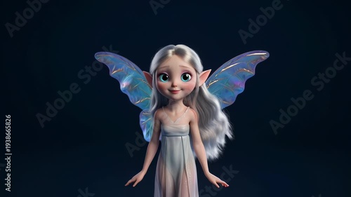 Whimsical blue fairy doll with delicate wings posed in a dark studio backdrop.
