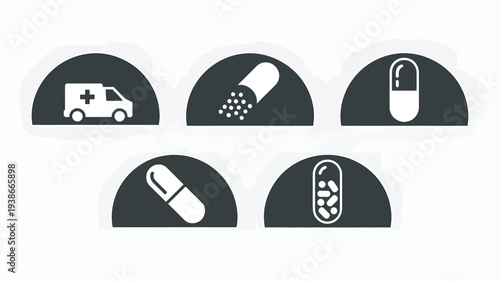 A clean vector illustration featuring medical icons including an ambulance, various pills and capsules, in a simple flat design, ideal for healthcare and medical themes.