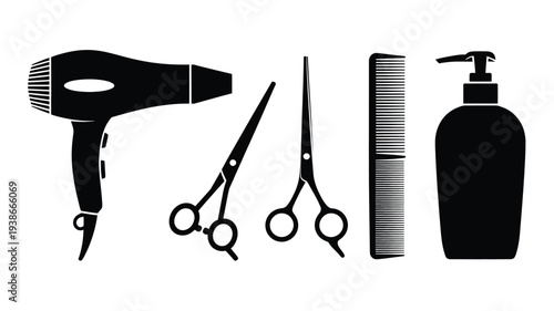 A clean and simple vector illustration of hairdressing tools, including a hair dryer, scissors, comb, and shampoo bottle, in a flat design style, perfect for beauty and salon concepts.