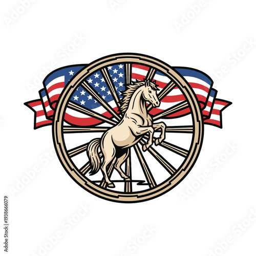 American horse emblem with patriotic ribbon and wheel background
