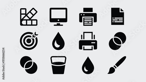 A set of black vector icons featuring printing and art supplies on a light gray background, ideal for graphic design projects, scalable and editable.