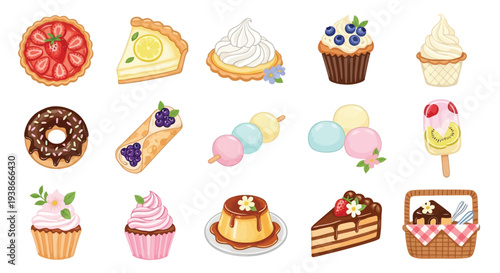 A vibrant collection of various sweet desserts including tarts, cupcakes, donuts, cannoli, mochi, ice cream, flan, and cake slices, presented on a white background.
