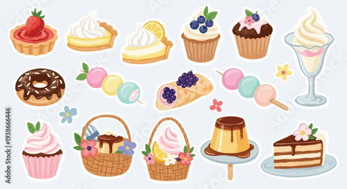 A vibrant collection of delicious desserts and sweet treats, including cupcakes, tarts, donuts, and ice cream, arranged in a playful and colorful display.