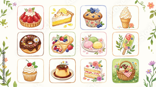 A delightful collection of watercolor illustrations featuring various sweet desserts and treats like tarts, pies, muffins, donuts, ice cream, and cakes, arranged in a grid with floral accents.
