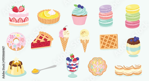 A vibrant collection of assorted desserts and sweet treats, including cakes, pies, ice cream, macarons, and pastries, arranged in a visually appealing display.