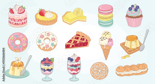 A delightful assortment of colorful and delicious desserts, including cakes, pies, donuts, macarons, cupcakes, and ice cream.