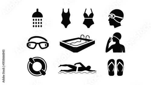A clean vector illustration featuring a collection of swimming related icons, including a swimmer, pool, goggles, and accessories in a flat design style.