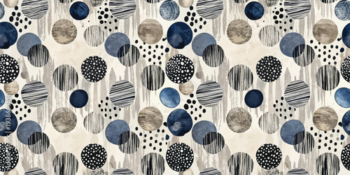 Abstract geometric patterns with polka dots and swirls in monochrome and blue tones Vector