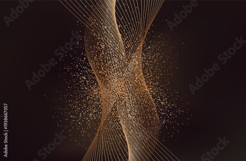 Gold abstract waves background. Golden curve lines vector illustration isolated on brown Luxury glitter shiny swirl pattern. Elegant modern fashion design element. sawing dots. brown gold sparkle back