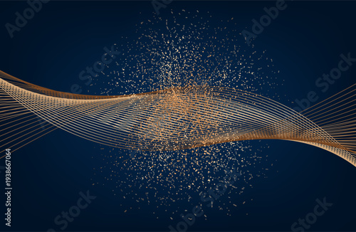 Gold abstract waves background. Golden curve lines vector illustration isolated on blue Luxury glitter shiny swirl pattern. Elegant modern fashion design element. sawing dots.