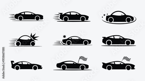 A set of vector illustrations featuring cars in various racing states, including speeding, crashing, and crossing the finish line with flags, on a clean background.