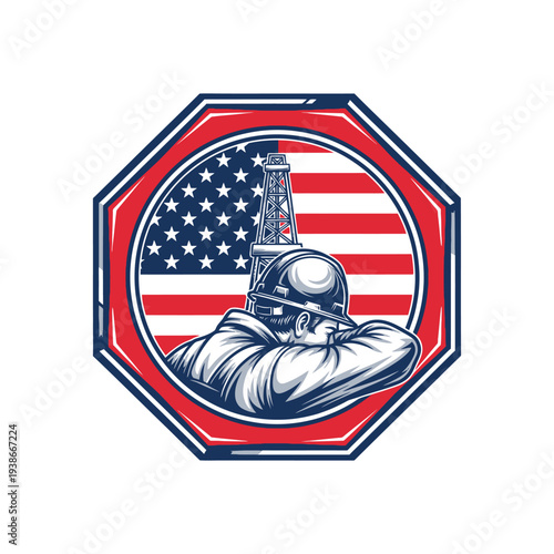 American worker in hard hat with usa flag and industrial tower