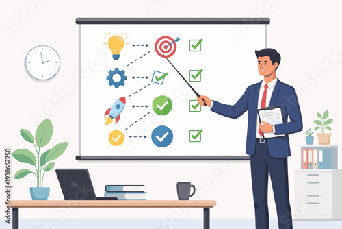 Businessman Presenting Strategic Action Plan and Step-by-Step Checklist on Whiteboard in Modern Office, Professional Male Manager Explaining Project Workflow, Goals, and Success Strategy Vector