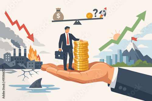 Businessman standing on giant hand with gold coins, balancing between economic crisis and market growth, financial risk, investment strategy, global recession vs prosperity, stock market.