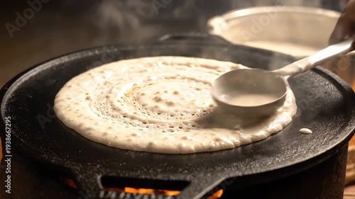 Cooking A Savory South Indian Dosa On A Cast Iron Griddle With Steaming Batter Being Poured From A Ladle With A Hand Holding The Spoon Over A Warm Fire In A Rustic Kitchen Setting