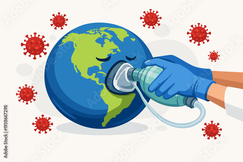 Conceptual illustration of planet Earth wearing an oxygen mask and receiving manual resuscitation from a healthcare worker during the COVID-19 coronavirus pandemic global health crisis.