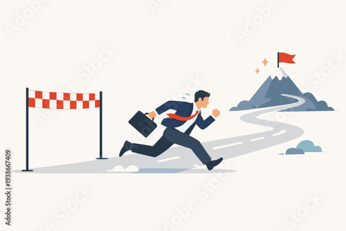 Businessman Running Past Finish Line Towards Mountain Peak with Red Flag, Concept of Going the Extra Mile, Exceeding Expectations, Pushing for Success, Ambition, Motivation and Career Growth