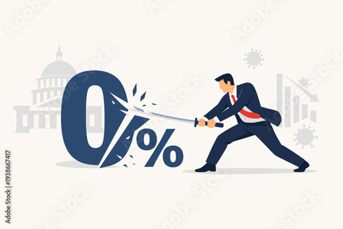 Businessman Cutting Zero Percent Interest Rate with Sword, Government Building and Economic Crisis Background, Federal Reserve Monetary Policy, Negative Interest Rates, Financial Stimulus Design