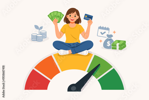 Happy woman sitting on a credit score meter pointing to excellent, holding money and credit card, symbolizing financial literacy, debt repayment, savings growth, and high creditworthiness.
