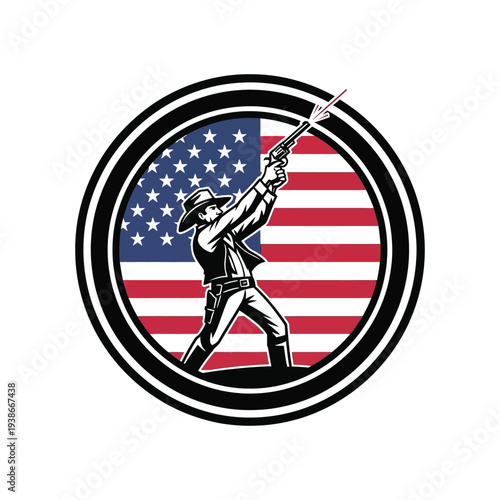 Patriotic cowboy firing rifle against american flag background in circular emblem with bold black and white design