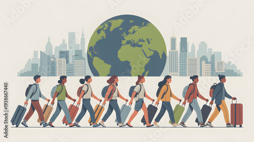 Diverse group of travelers walking globally.