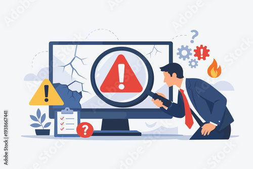 Incident Management and Root Cause Analysis Concept with Businessman Investigating System Failure, Troubleshooting Critical Error, Identifying Risk, and Solving Problems on a Computer Screen.